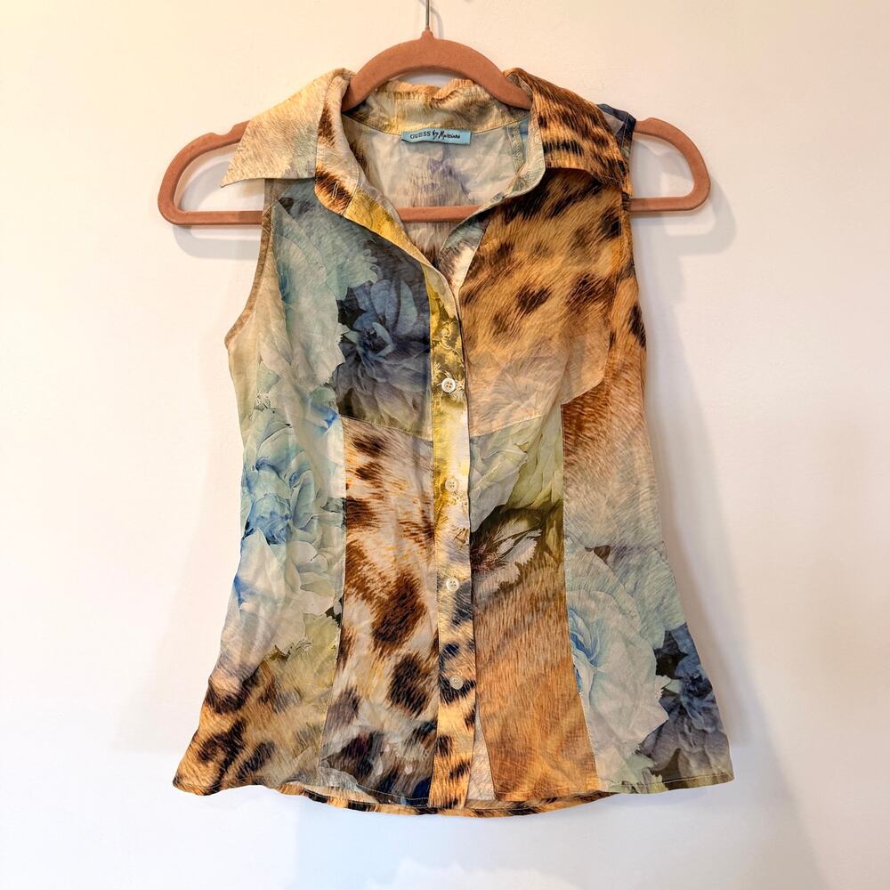 Vtg Guess by Marciano Y2K 100% silk sleeveless blouse IT 42 US 6 cheetah animal